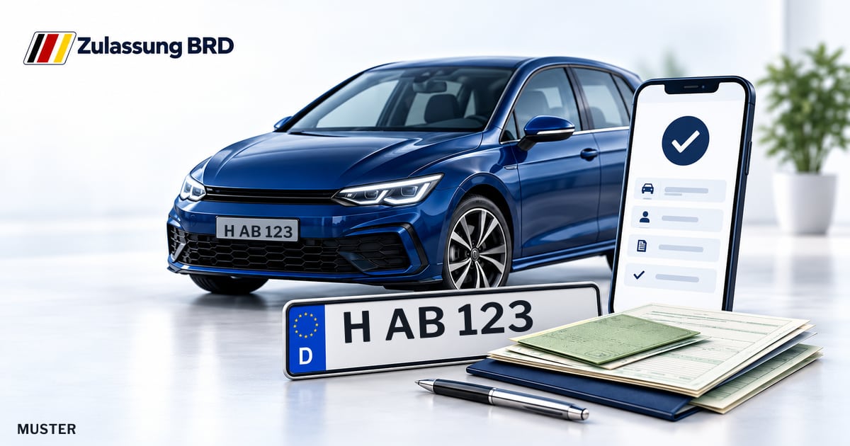 Online Fahrzeugzulassung in Wennigsen (Deister): Musterkennzeichen H AB 123, Auto und Fahrzeugpapiere und Smartphone. Illustration mit Logo von Zulassung BRD.